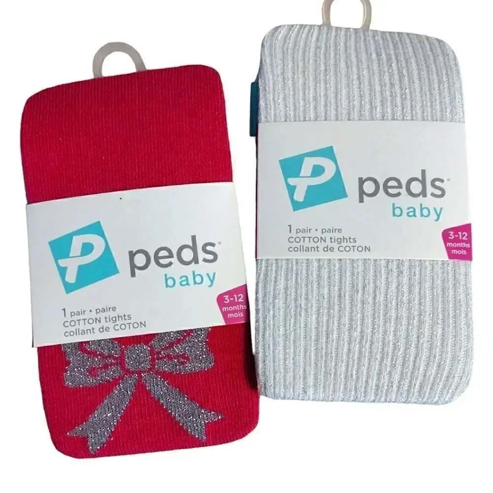 $9💥 Peds Baby 2 Prs Ivory & Pink Sparkly Cotton Tights 3- 12 mnths NWT